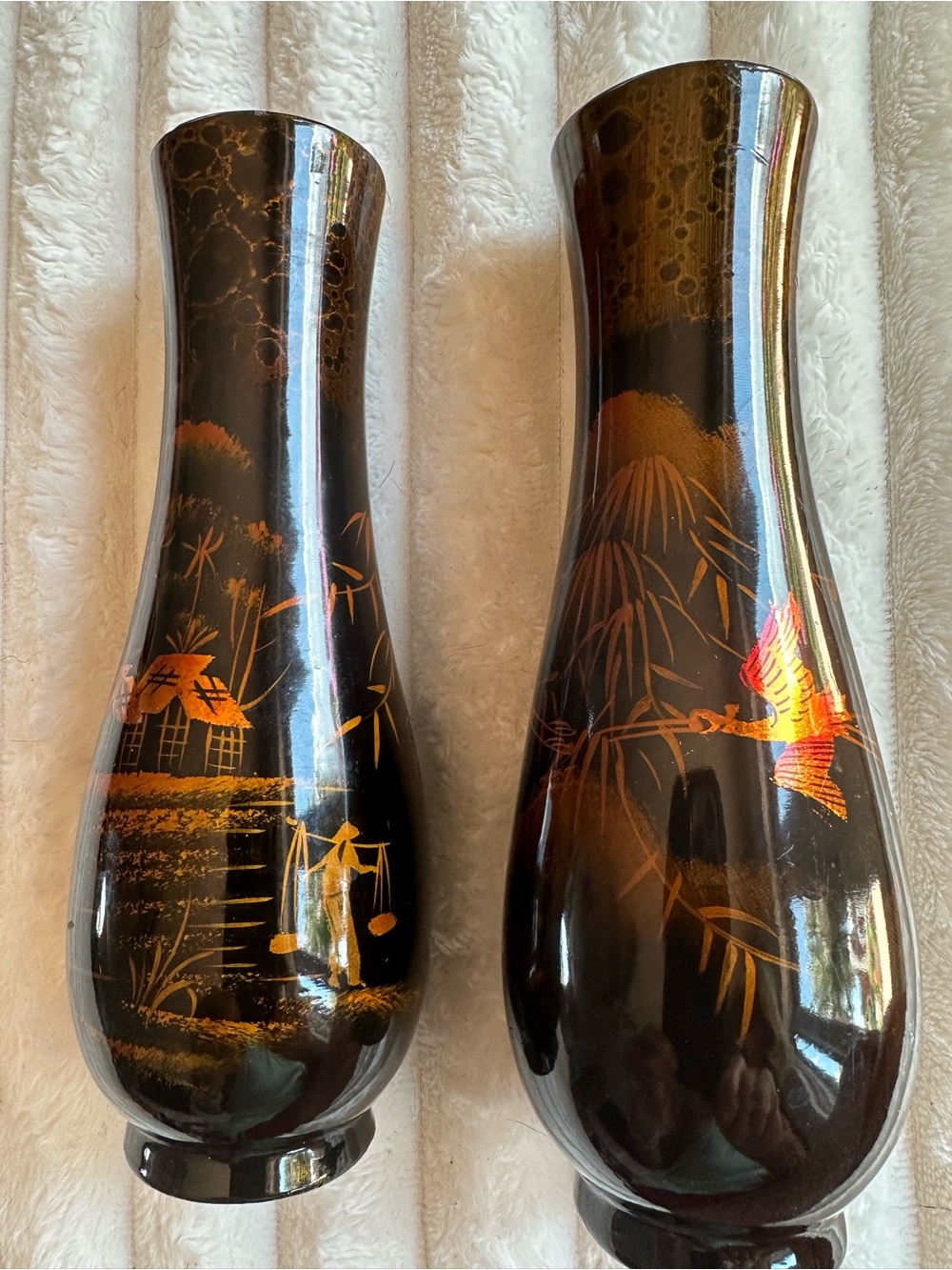 Pair black, gold Vietnamese lacquerware vases   Asian-Inspired Motifs